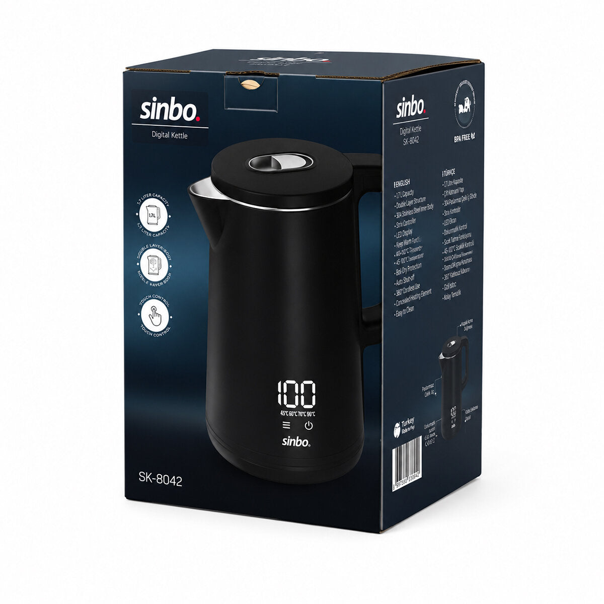 1.8L 1500W PLASTİK KAPAK - DOKUNMATİK EKRAN DİJİTAL KETTLE SU ISITICISI KABLOSUZ KULLANIM SK-8042 (4887)