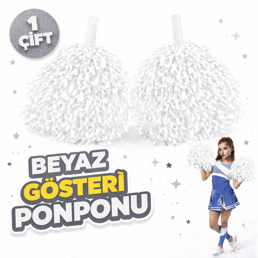 1 Çift ( 2 Adet ) Beyaz Renk 23 Nisan 19 Mayıs 29 Ekim Okul Gösteri Ponponları Ekstra Dolgun (4887)