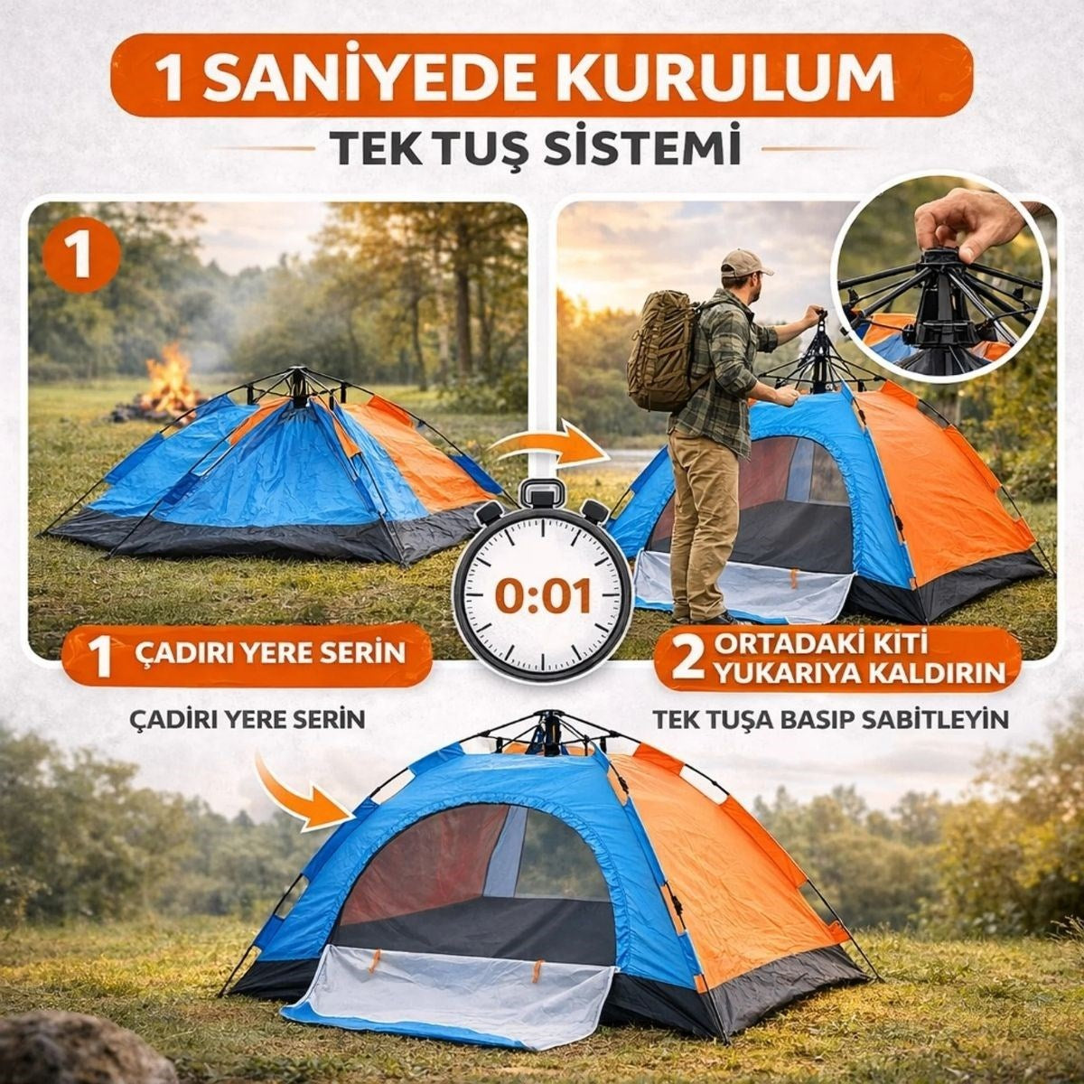 10 Kişilik Otomatik Kurulum Kamp Çadırı – Outdoor , Suya Dayanıklı Hızlı Kurulum Piknik ve Doğa İçin Geniş Aile Çadırı 300x300x170 cm (4887)