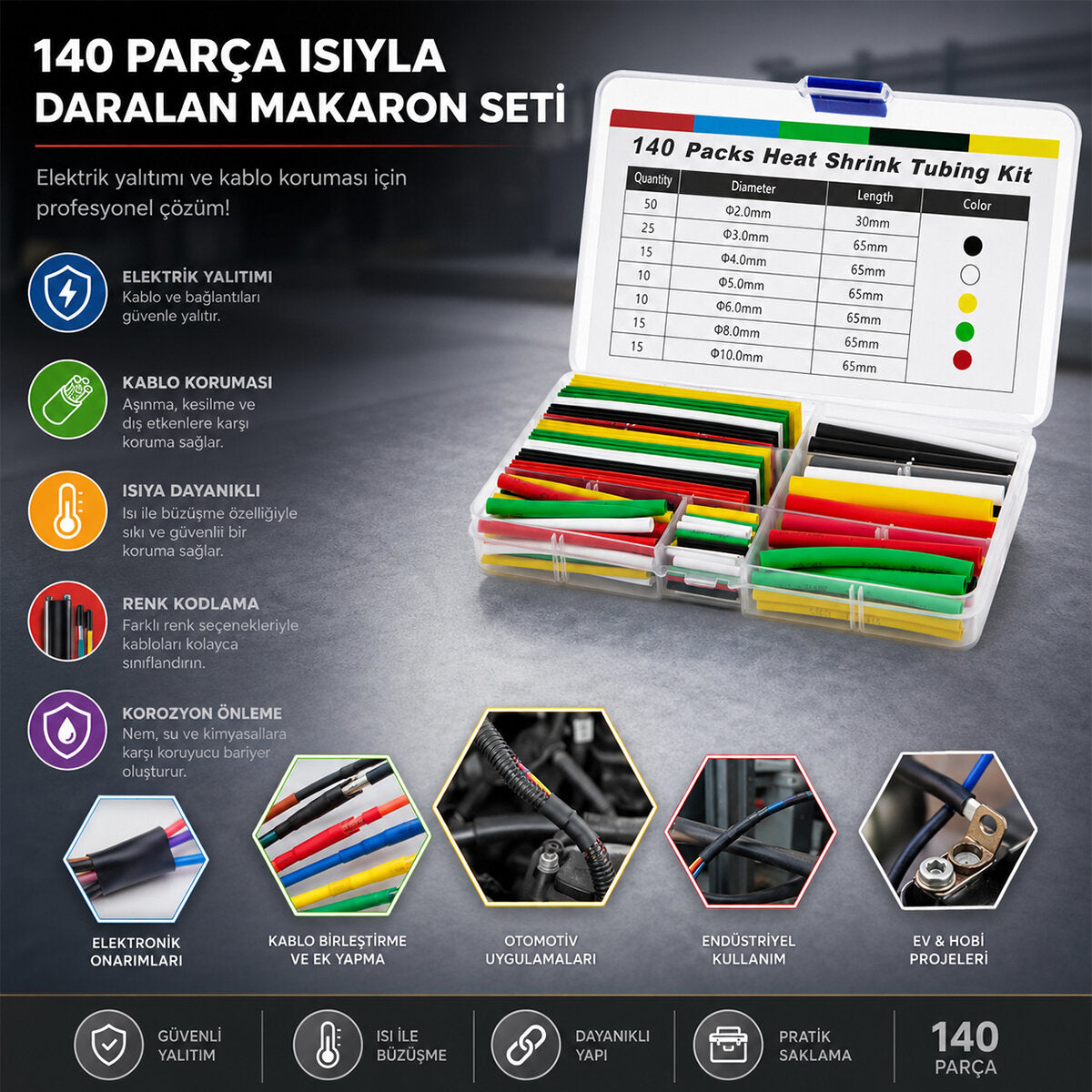 140PCS MAKARON KABLO TAMİR SETİ ISIYLA BÜZÜŞMELİ DARALAN HORTUM (4887)
