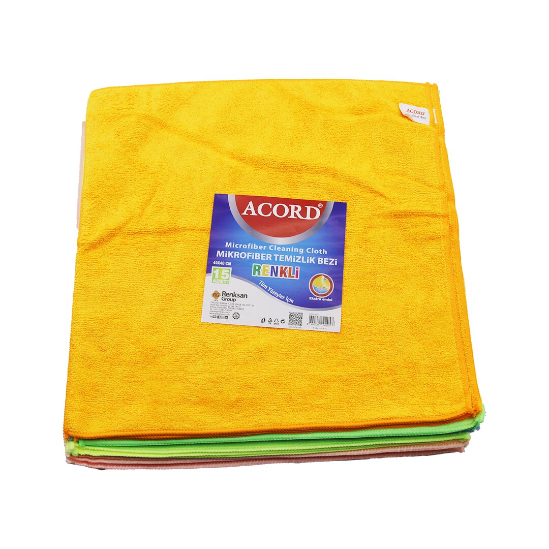 15 ADET ACORD KOD-536 DÖKME 40X40CM RENKLİ MİKROFİBER TEMİZLİK BEZİ EKSTRA EMİCİ TÜM YÜZEYLER İÇİN (4887)