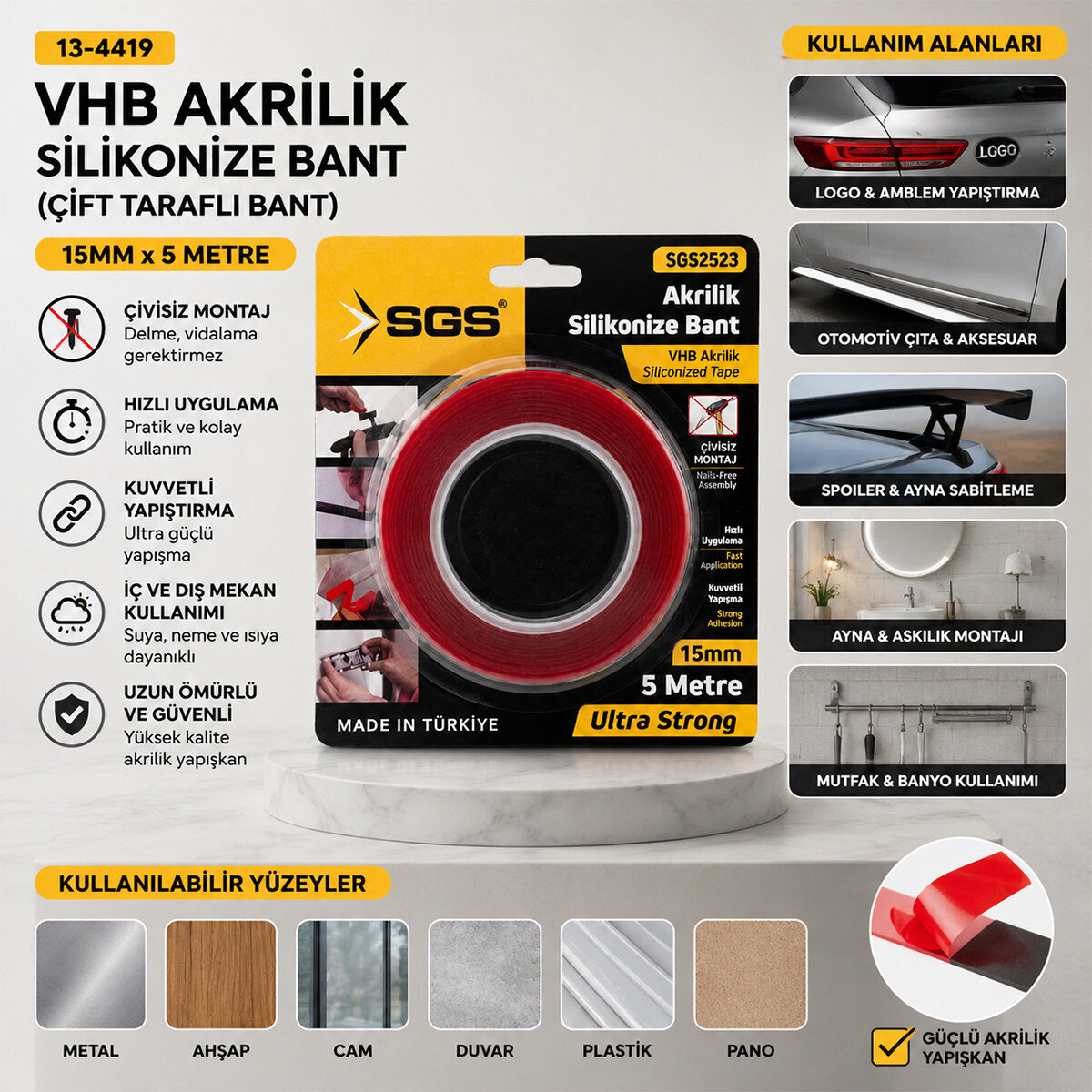 15MMX5YRD VHB AKRİLİK SİLİKONİZE BANT ÇİFT TARAFLI BANT (4887)