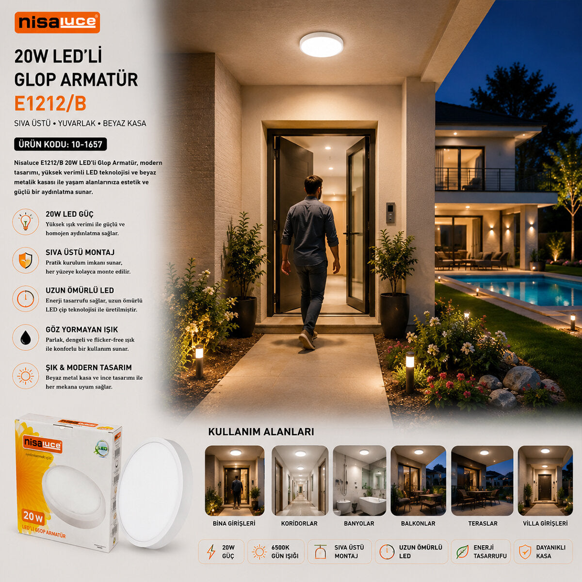 20W BEYAZ METAL KASA SIVA ÜSTÜ YUVARLAK LEDLİ GLOP ARMATÜR IP20 6500K - 1800Lm E1212/B (4887)