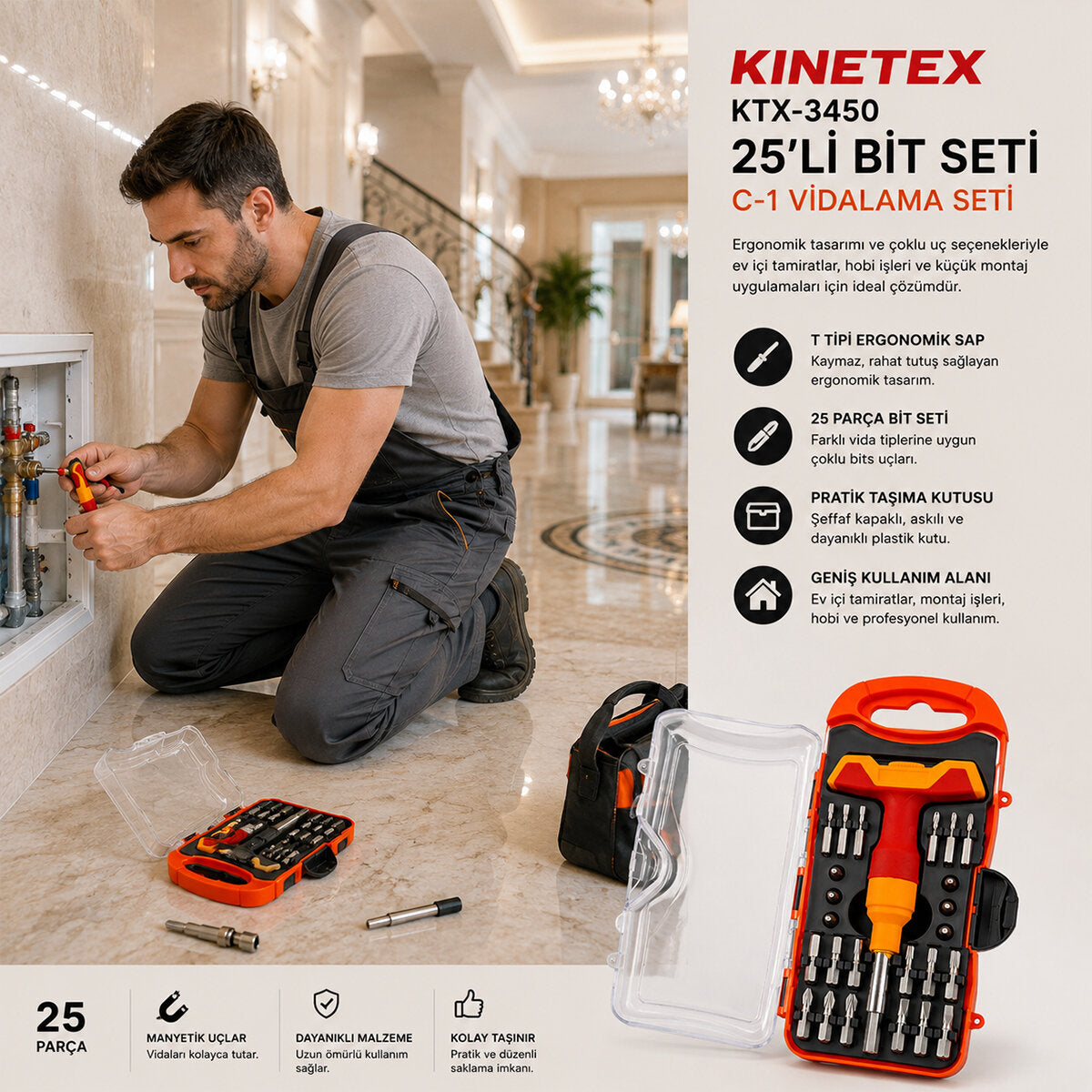 25PCS SAATÇİ - TELEFONCU BİTS TORNAVİDA UÇ BİTS SETİ KTX-3450 (4887)