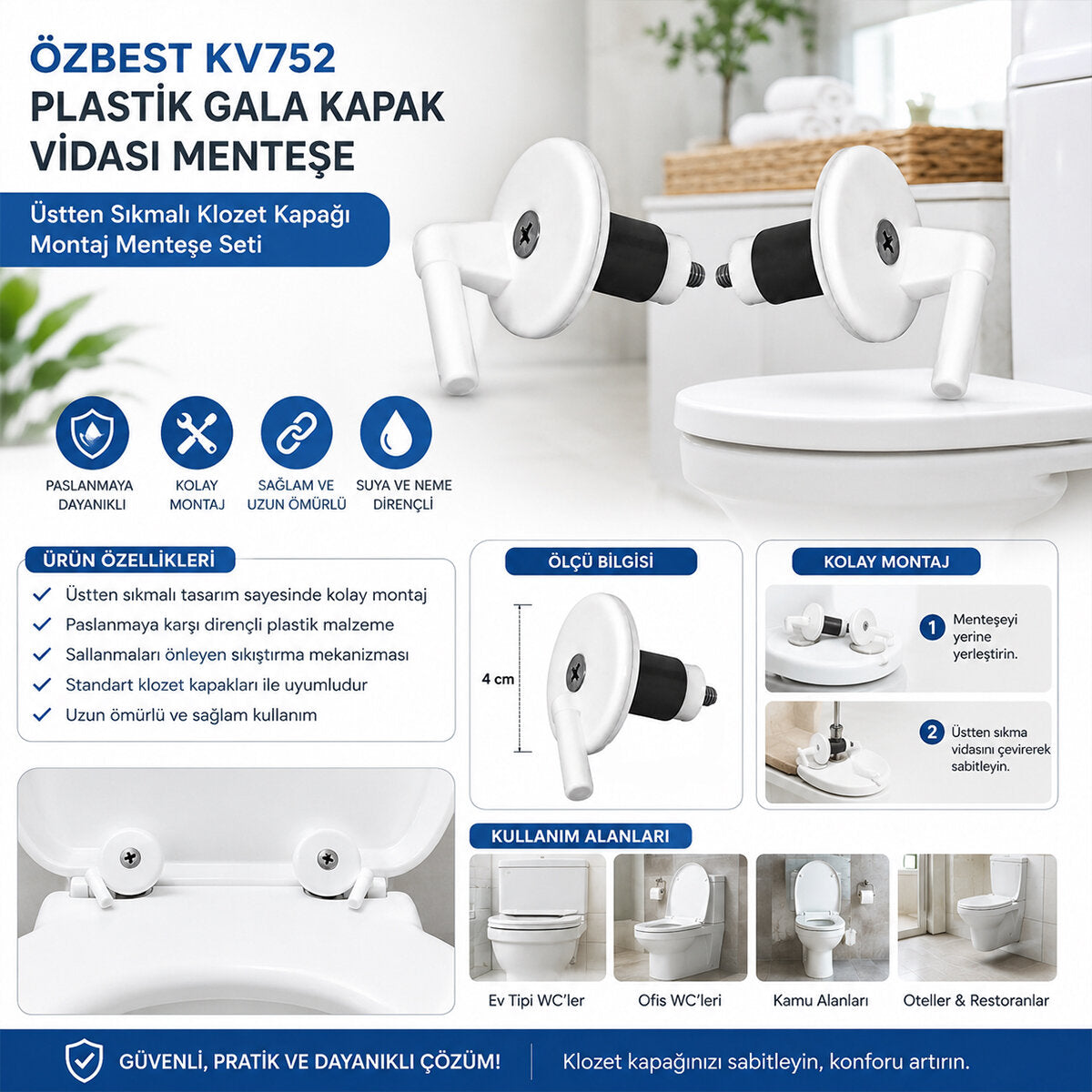 2PCS ÜSTTEN SIKMALI PLASTİK KLOZET KAPAK MENTEŞESİ VİDASI (4887)
