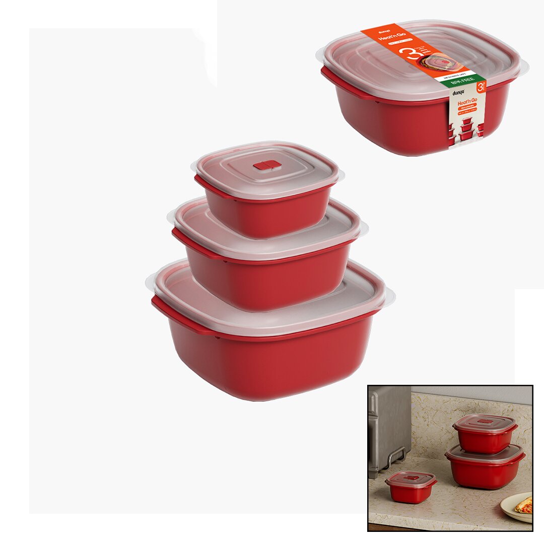 3 PCS KIRMIZI KARE SAKLAMA KABI SET 550-1100-2200ML (4887)