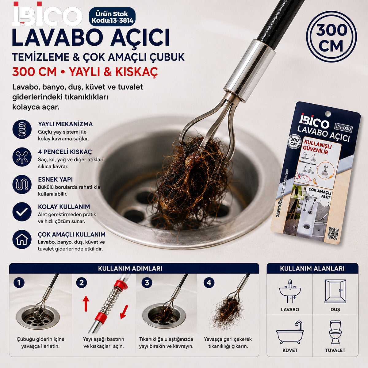 300CM YAYLI - KISKAÇ LAVABO - GİDER VB.TEMİZLEME - ÇOK AMAÇLI ÇUBUK (4887)