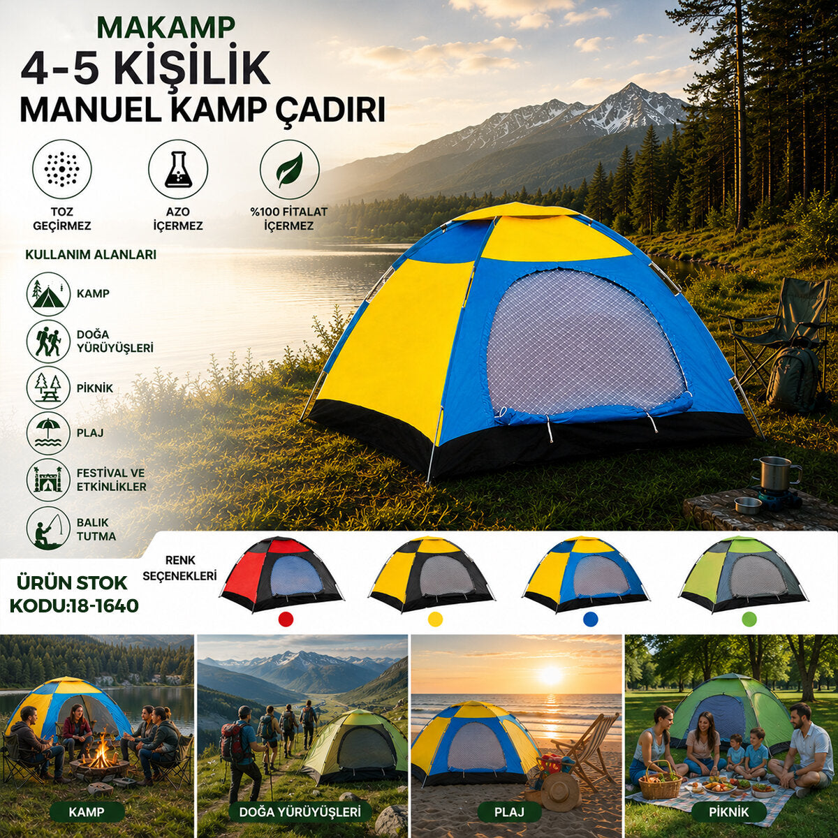 4-5 KİŞİLİK TOZ GEÇİRMEZ 200CMX200CMX135CM MANUEL KAMP ÇADIR HERHANGİ BİR RENK GÖNDERİLİR (4887)