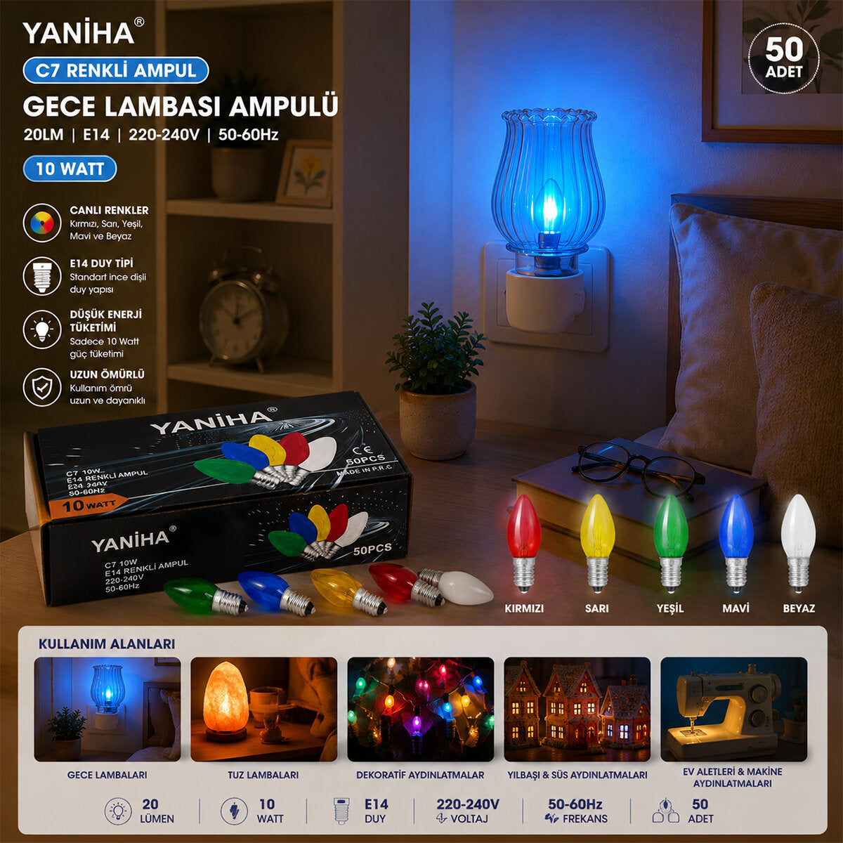 50 ADET MİX RENKLİ GECE LAMBASI AMPUL E14 - 10W C7 (4887)