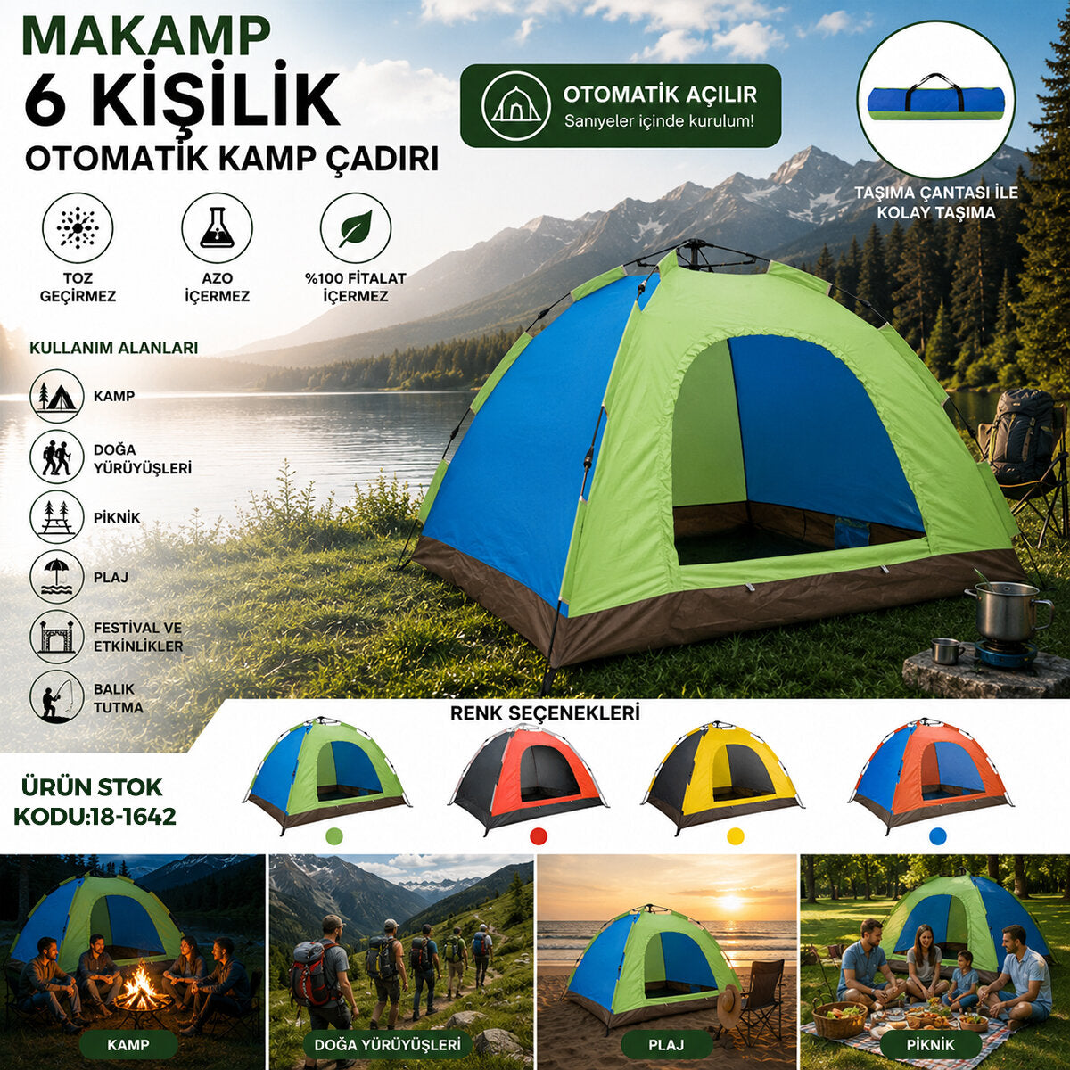 6 KİŞİLİK TOZ GEÇİRMEZ 220CMX250CMX165CM OTOMATİK KAMP ÇADIR HERHANGİ BİR RENK GÖNDERİLİR (4887)