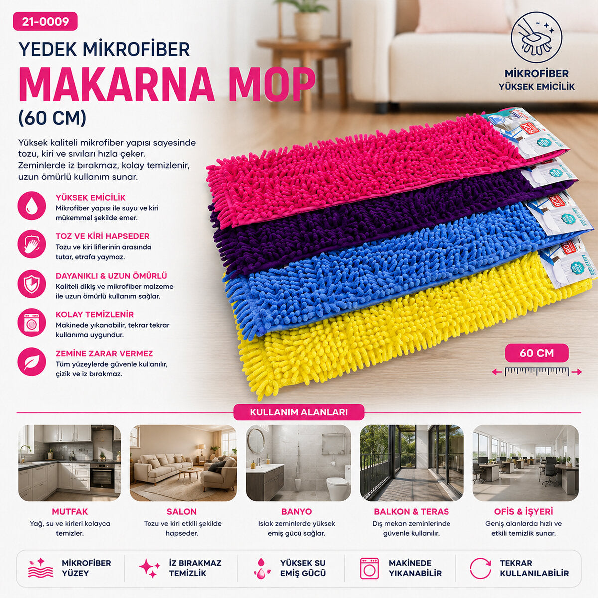 60CM.YEDEK MİKROFİBER RENKLİ MAKARNA MOP (4887)