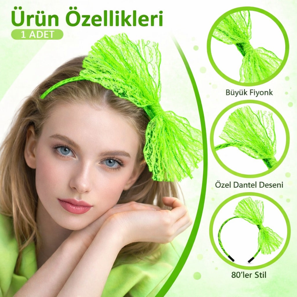 80’ler 90’lar Neon Yeşil Dantel Taç Fiyonklu (4887)