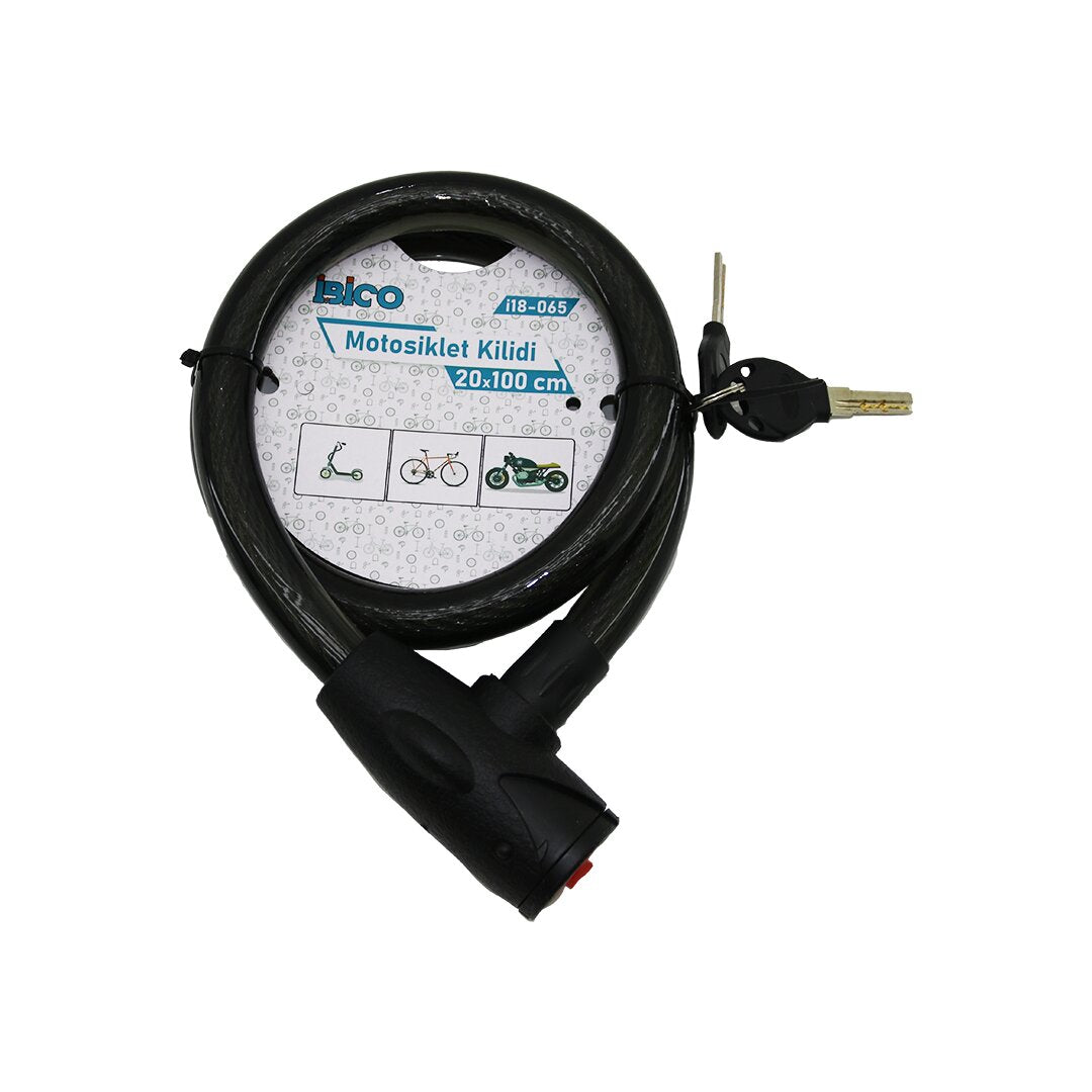ANAHTARLI AÇ-KAPA KİLİT KAPAKLI MOTOR - BİSİKLET KİLİT ÇELİK TEL SİYAH ŞEFFAF KILIF 20MMX100CM (4887)