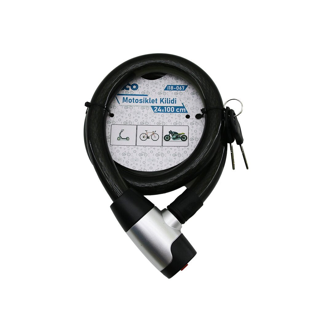 ANAHTARLI METAL KAPLAMA KAFA ÇEK-İT KİLİT KAPAK MOTOR - BİSİKLET KİLİT ÇELİK TEL SİYAH ŞEFFAF KILIF 24MMX100CM (4887)