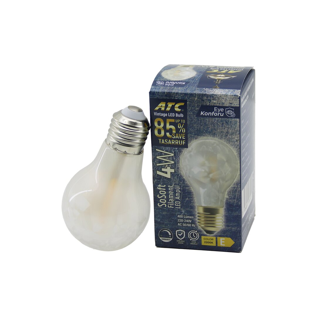 ATC-A60-SS VİNTAGE SOSOFT FİLAMENT 4W LED AMPUL LAMBA E27 KIRILMAZ PLASTİK CAM 400 LÜMEN 2200K 25.000 SAAT (4887)
