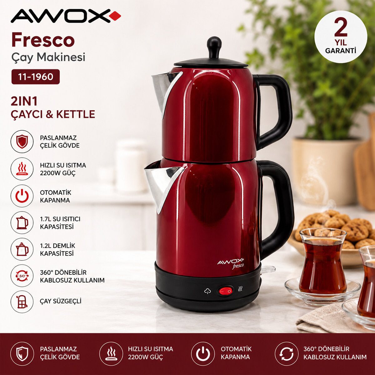 AWOX FRESCO KIRMIZI ELEKTRİKLİ ÇAY MAKİNESİ ÇAYCI SET 1.7LT SU ISITICI + 1.2LT DEMLİK PASLANMAZ ÇELİK GÖVDE 2200W (4887)