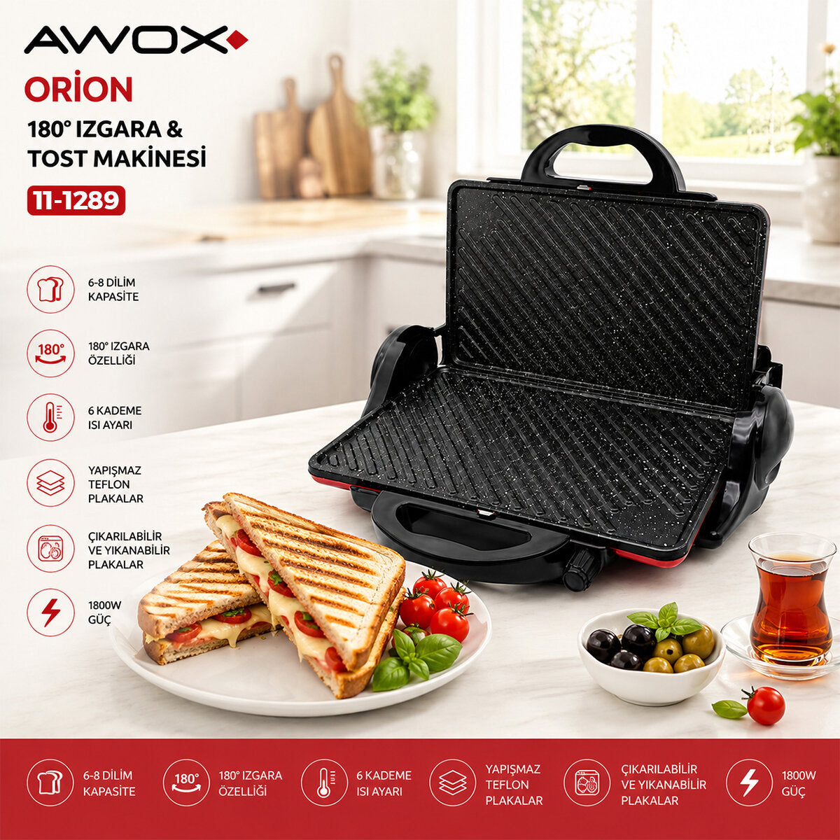 AWOX ORİON KIRMIZI 8 DİLİM ELEKTRİKLİ TEFLON TOST MAKİNESİ - 180° IZGARA 6 KADEME ISI AYARI 1800W (4887)