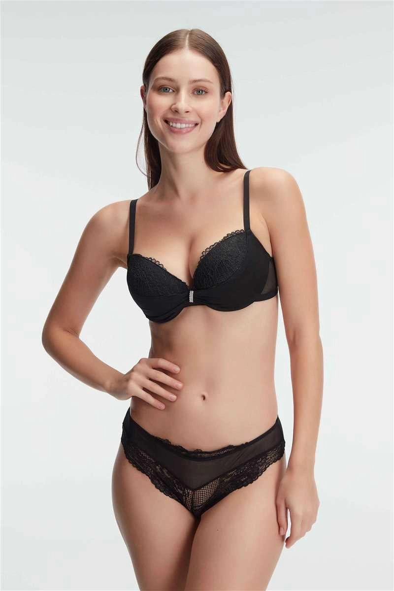 Balenli Destekli Dolgulu Taşlı Dantelli Sütyen ve Slip Takım - KLBN28357