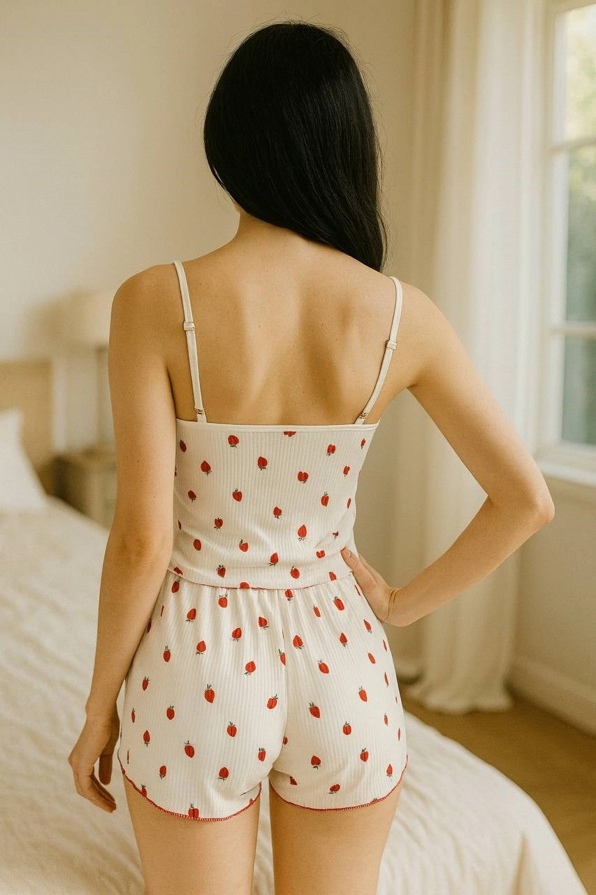 Üstüne Çilek Desenli Askılı Şortlu Pijama Takımı - Beyaz - KLBN26247