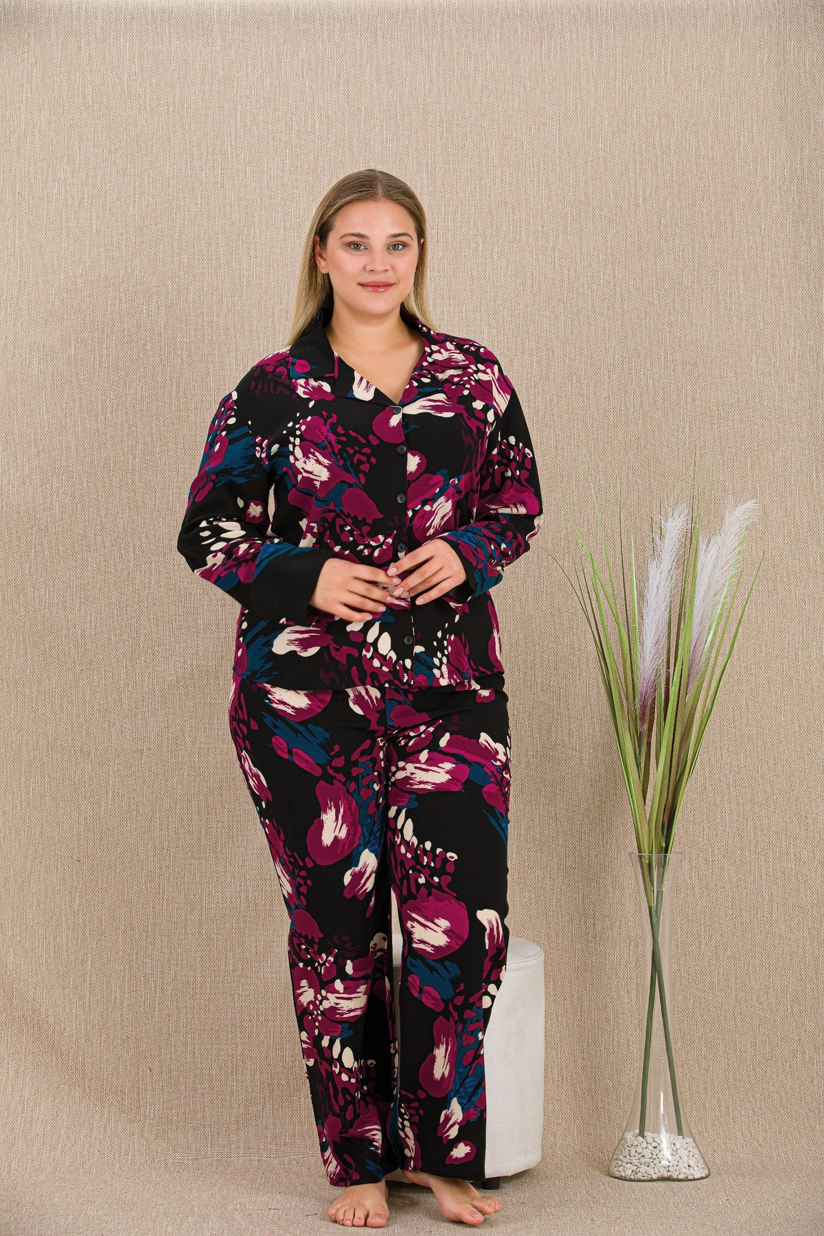 Büyük Beden Renkli Desenli Düğmeli Uzun Kol Viskon Pijama Takımı - KLBN31188
