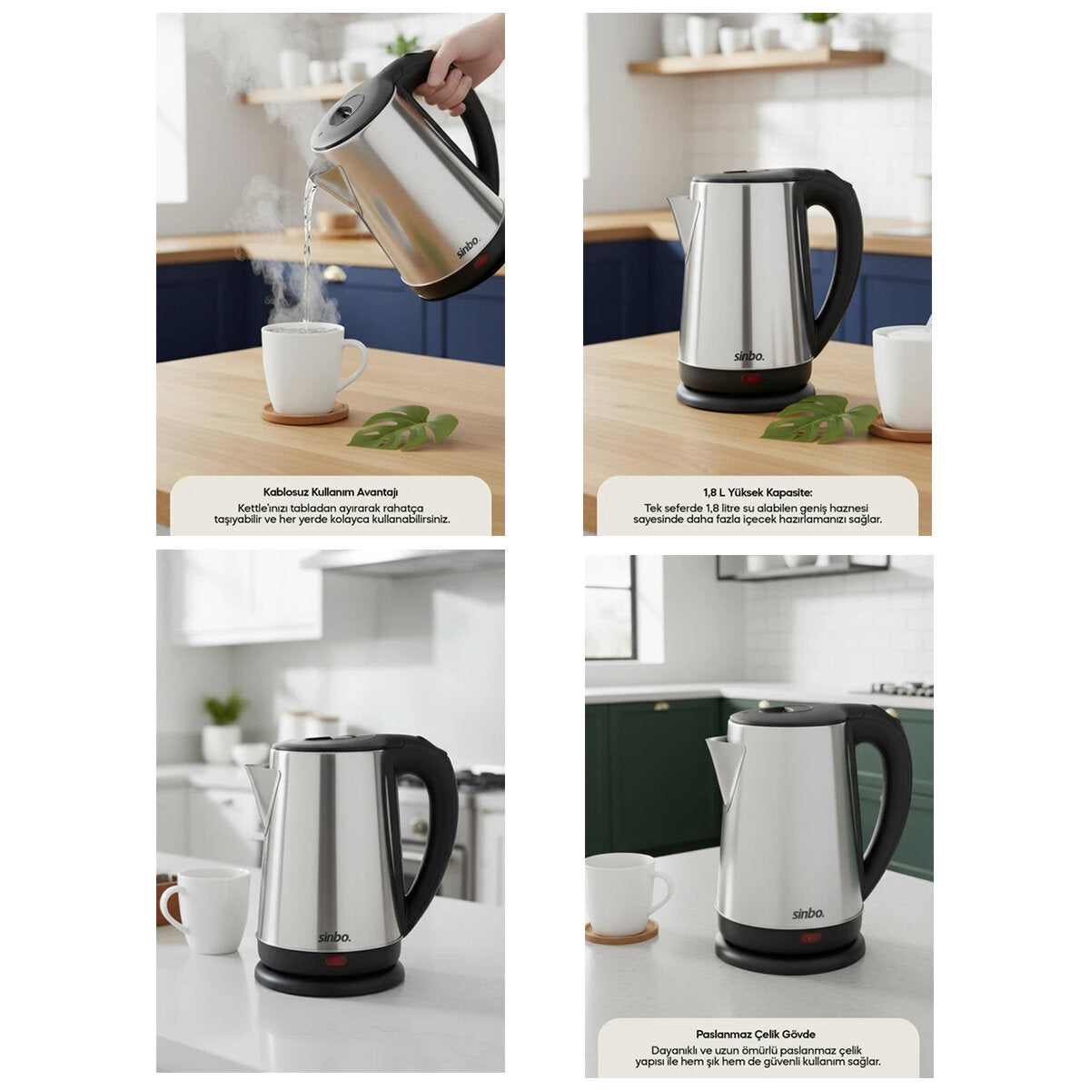 ÇELİK KETTLE SU ISITICISI KABLOSUZ KULLANIM 1.8LT 360 DERECE DÖNEBİLME OTOMATİK KAPANMA SK-8026 (4887)