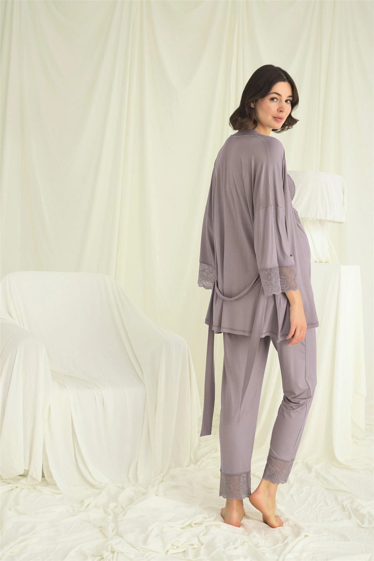 Dantelli Hamile Lohusa 3'lü Pijama Takımı - KLBN29240