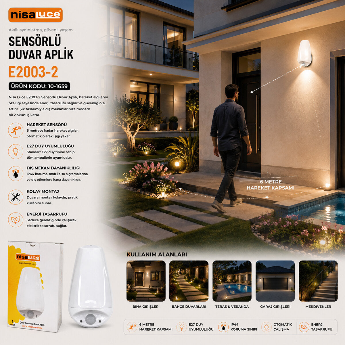 E27 - IP20 SOFT 0,4W - 50W ÇINAR SENSÖRLÜ LED APLİK DUVAR LAMBASI E2003-2 (4887)