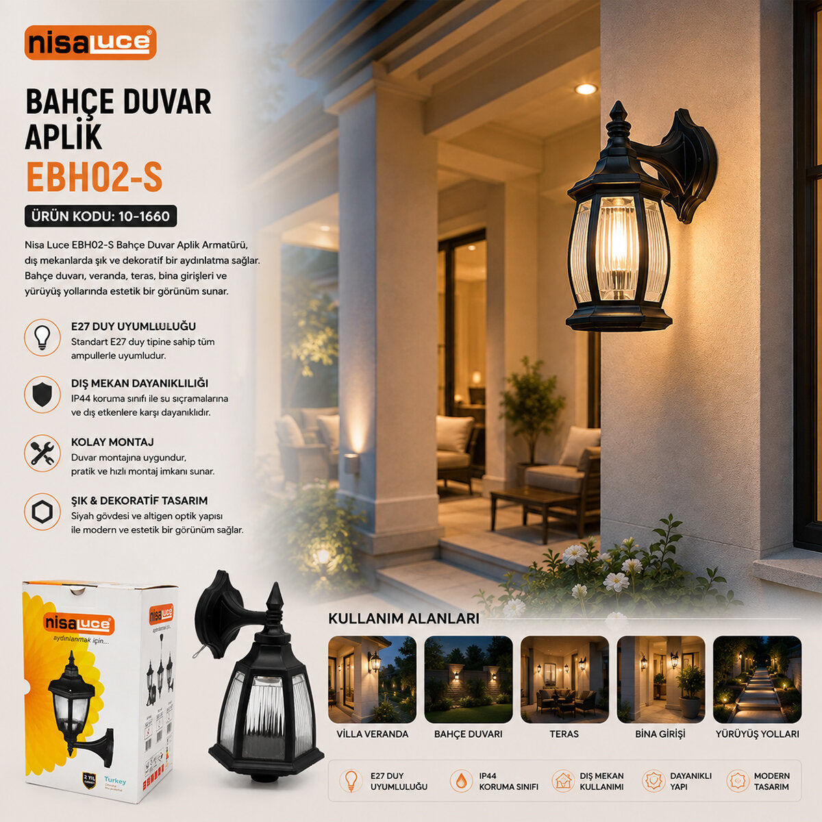 E27 - IP44 SİYAH 60W DUVAR APLİK BAHÇE-BALKON SOKAK LAMBASI - ARMATÜR EBH02-S (4887)