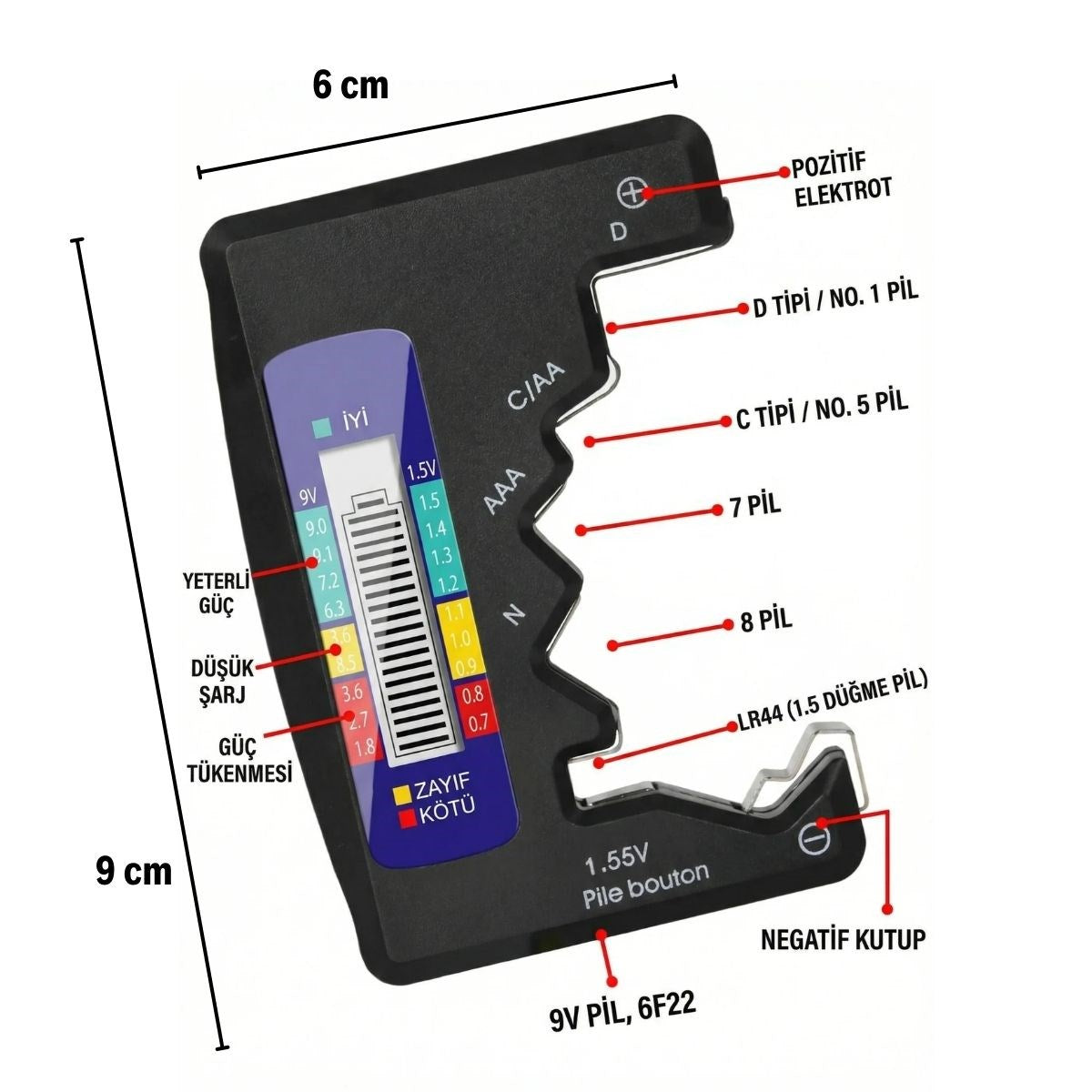 Evrensel Dijital Pil Test Cihazı – AA, AAA, C, D, N, 9V ve Düğme Pil Uyumlu Mini Pil Kapasite & Seviye Ölçer (4887)