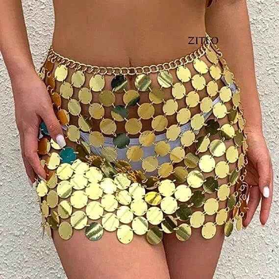 Kadın Parlak GoldPul Mini Etek Gece Kombin Festival Stil,Şakira Zincirli İşlemeli Etek Şık Kombini