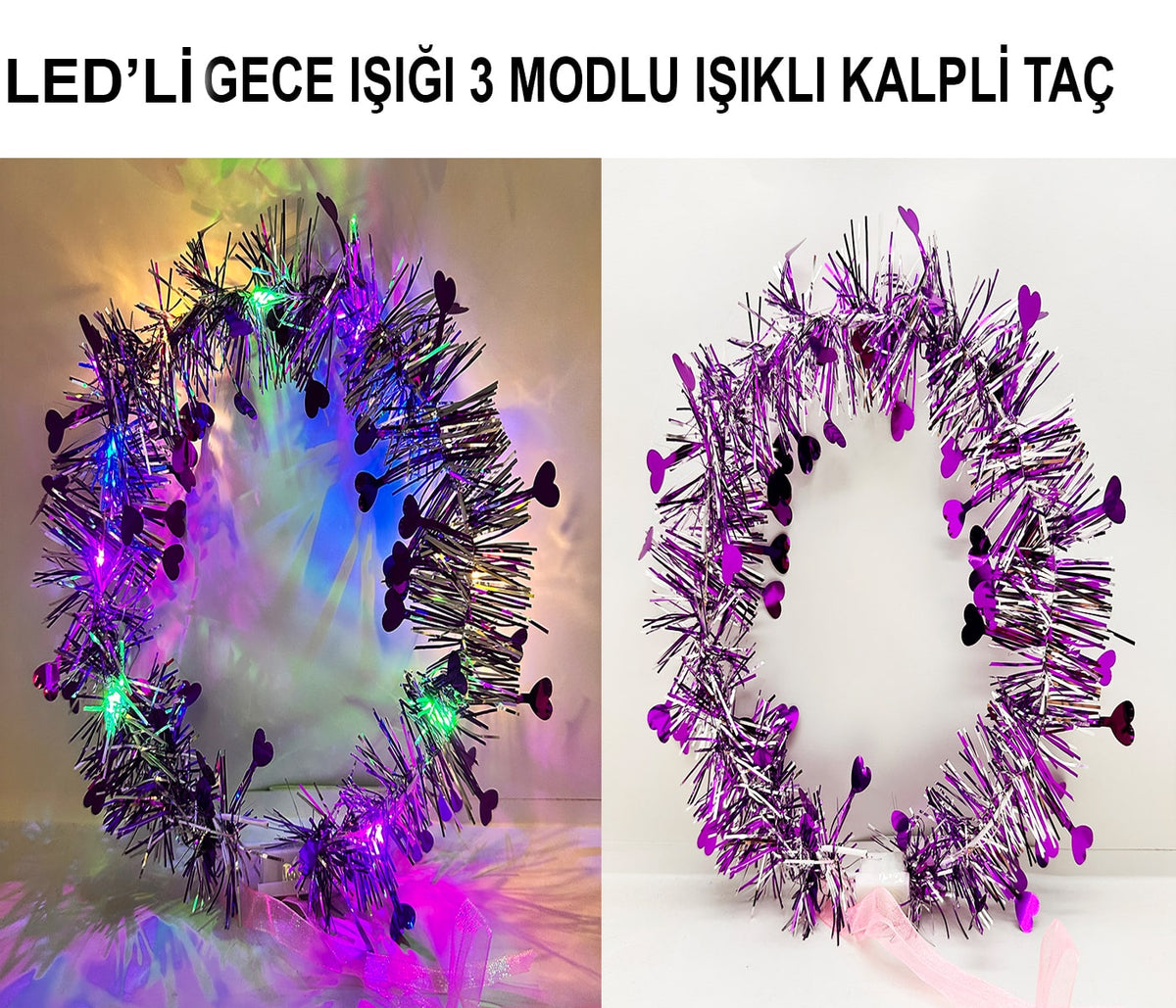 Kalp Püsküllü Gece Parıltısı 3 Modlu LED'li Işıklı Taç Mor Renk (4887)