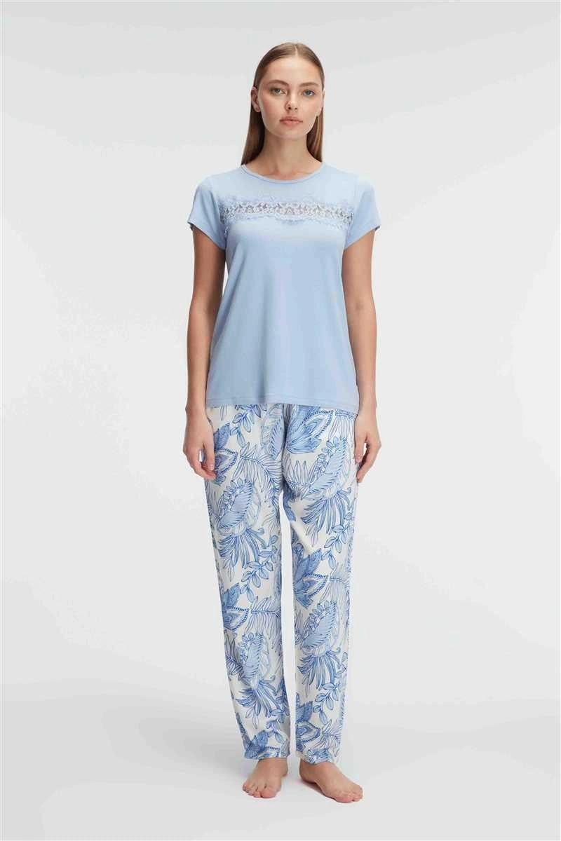 Kısa Kol Bisiklet Yaka Kadın Viskon Çiçek Desenli Yazlık ÖRME Dantelli Detaylı Pijama Takımı - KLBN28580