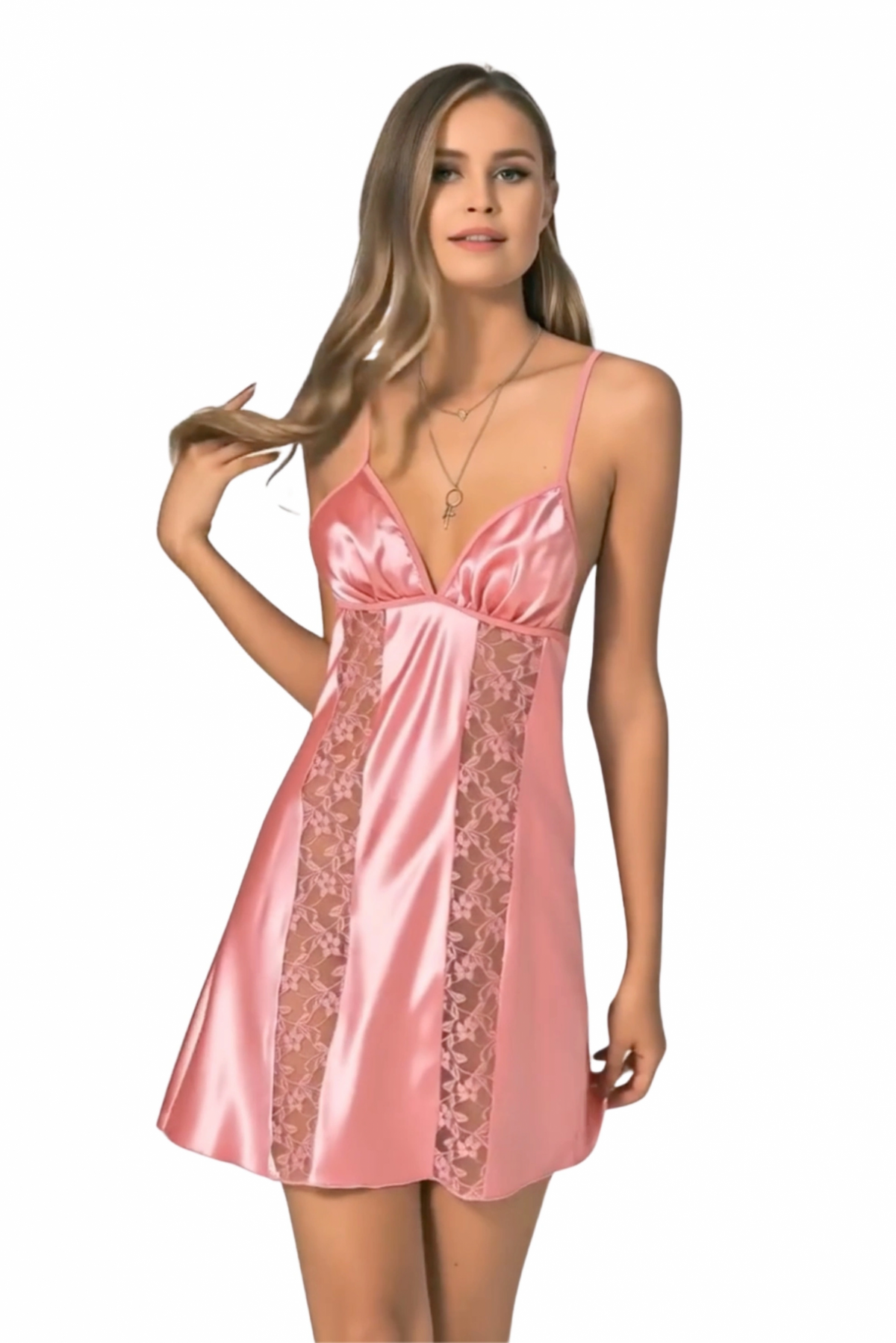 Kısa Saten Gecelik - Pembe - KLBN12727