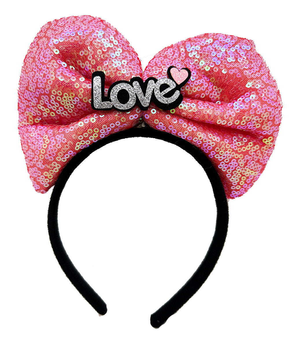 Led Işıklı 3 Farklı Fonksiyonda Yanan Gümüş Love Yazılı Fuşya Pembe Fiyonk Taç 20X17 cm (4887)