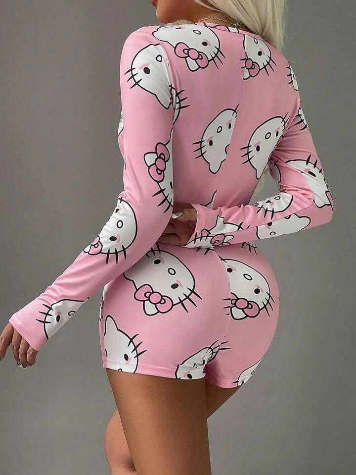Pamuklu Hello Kitty Desenli Düğmeli Uzun Kol Tulum Pijama - Pembe - KLBN28730