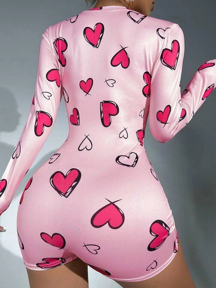 Pamuklu Kalp Desenli Düğmeli Uzun Kol Tulum Pijama - Pembe - KLBN28727
