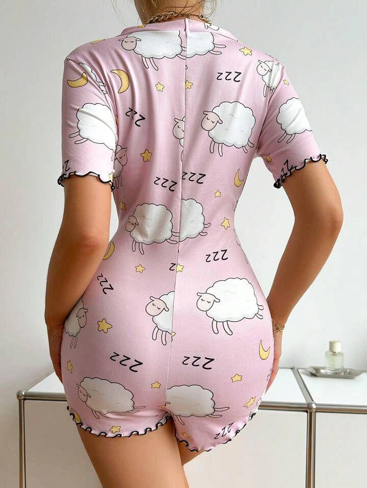 Pamuklu Kuzu Desenli Düğmeli Uzun Kol Tulum Pijama - Pembe - KLBN28733