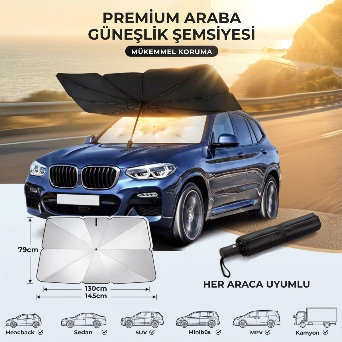 Premium Katlanabilir Araç Ön Cam Güneşliği – Şemsiye Tipi Oto Güneşlik, UV Korumalı Isı Yalıtımlı Ön Cam Gölgelik (4887)