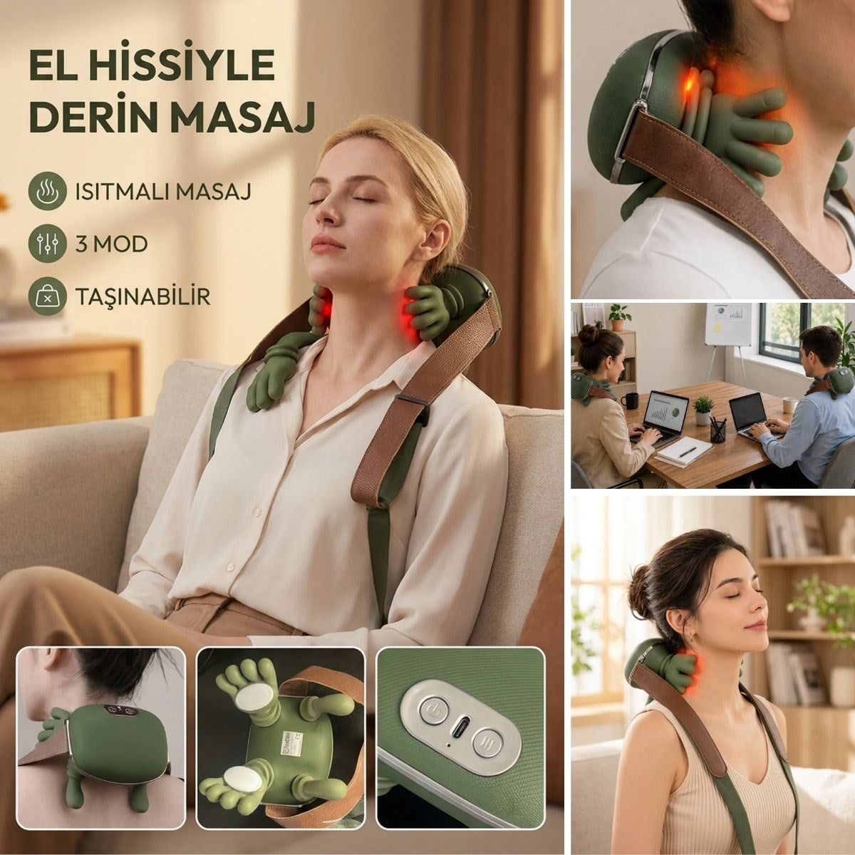 Şarjlı Isıtmalı Boyun ve Omuz Masaj Aleti Parmak Hareketini Taklit Eden Yoğurma Masaj Cihazı (4887)