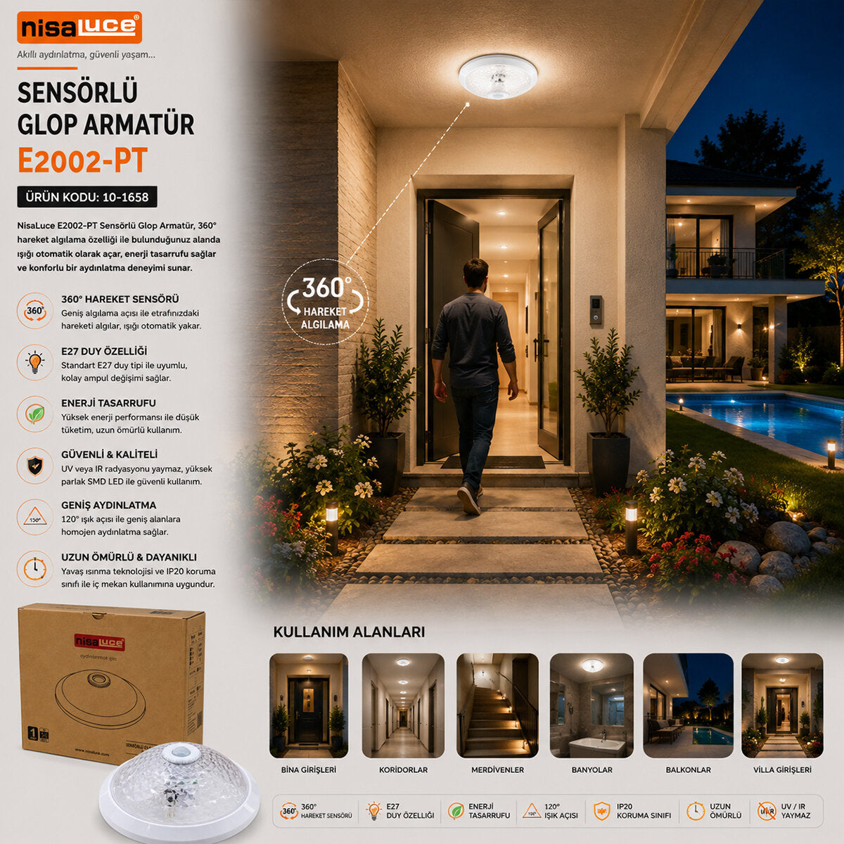 SENSÖRLÜ BEYAZ GLOP ARMATÜR KAFESİ E27 PLASTİK IP20 220W (4887)