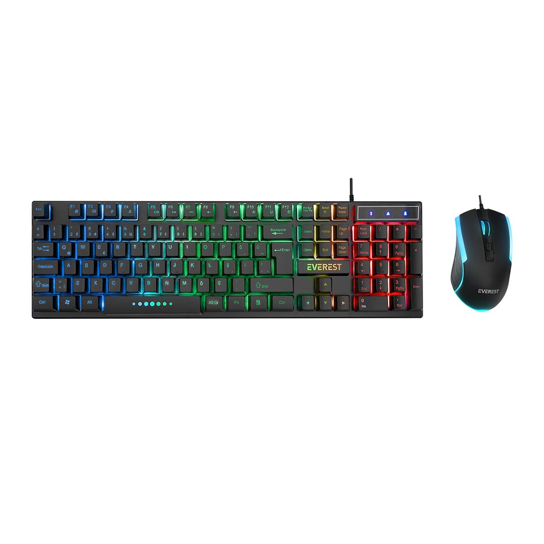 SİYAH GÖKKUŞAĞI IŞIKLI USB KABLOLU OYUNCU KLAVYE - MOUSE SET (4887)