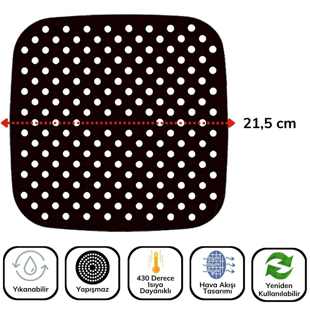 Siyah Isıya Dayanıklı Yıkanılabilir Silikon Fırın Ve Airfryer Kare Model Pişirme Matı 21,5 Cm (4887)
