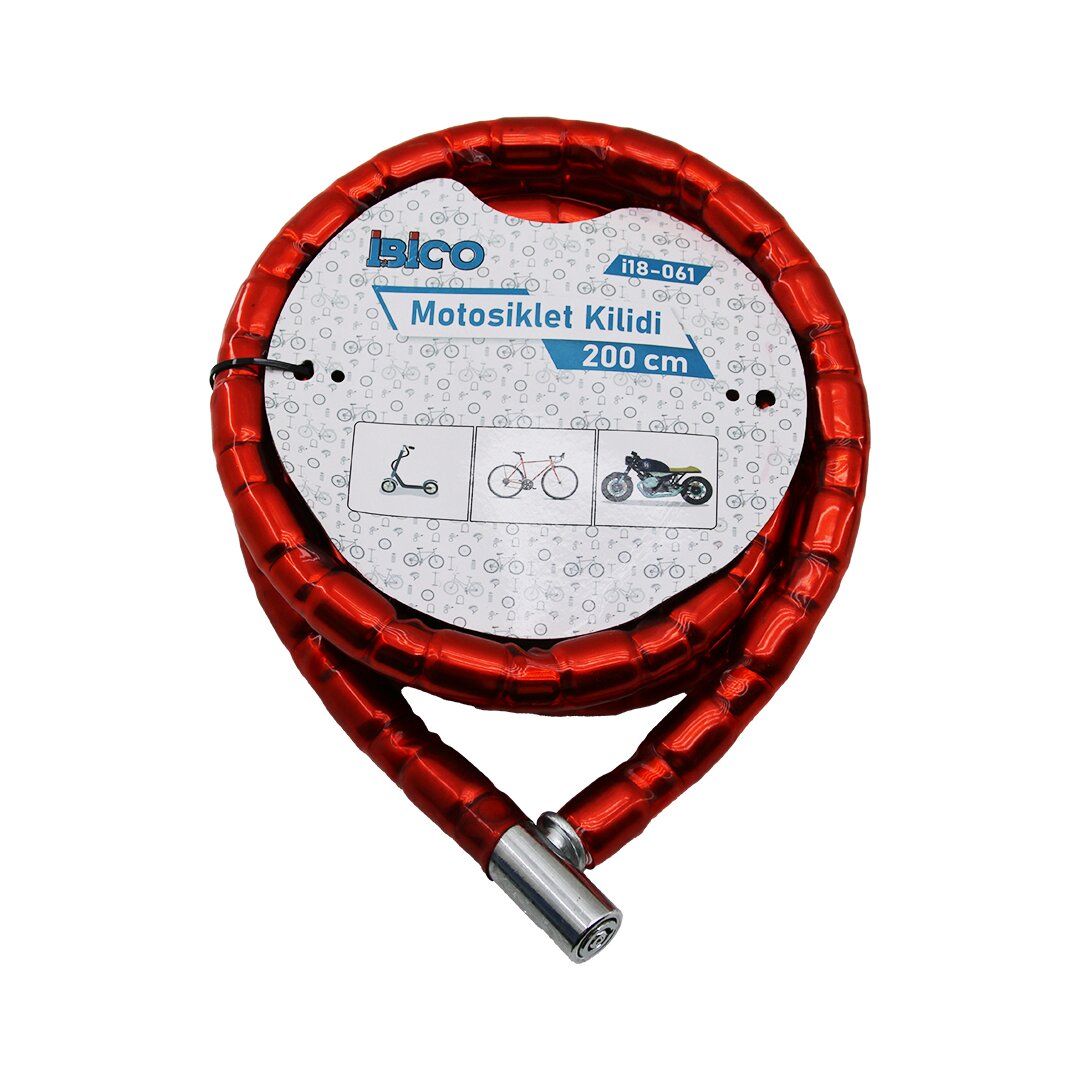 TÜP ANAHTARLI METAL KAFA ÇELİK MOTOR - BİSİKLET KİLİT SİLİNDİRİK SPİRAL KİLİT KIRMIZI KILIF22MM X 200CM (4887)