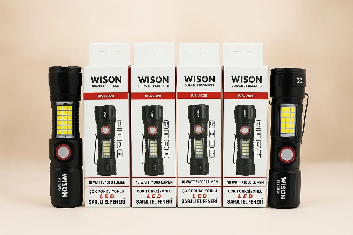 WS-2828 Ultra USB Şarjlı Polis El Feneri, Bekçi, Asker El Feneri Kırmızı Mavi Çakarlı 1000 Lümen (4887)