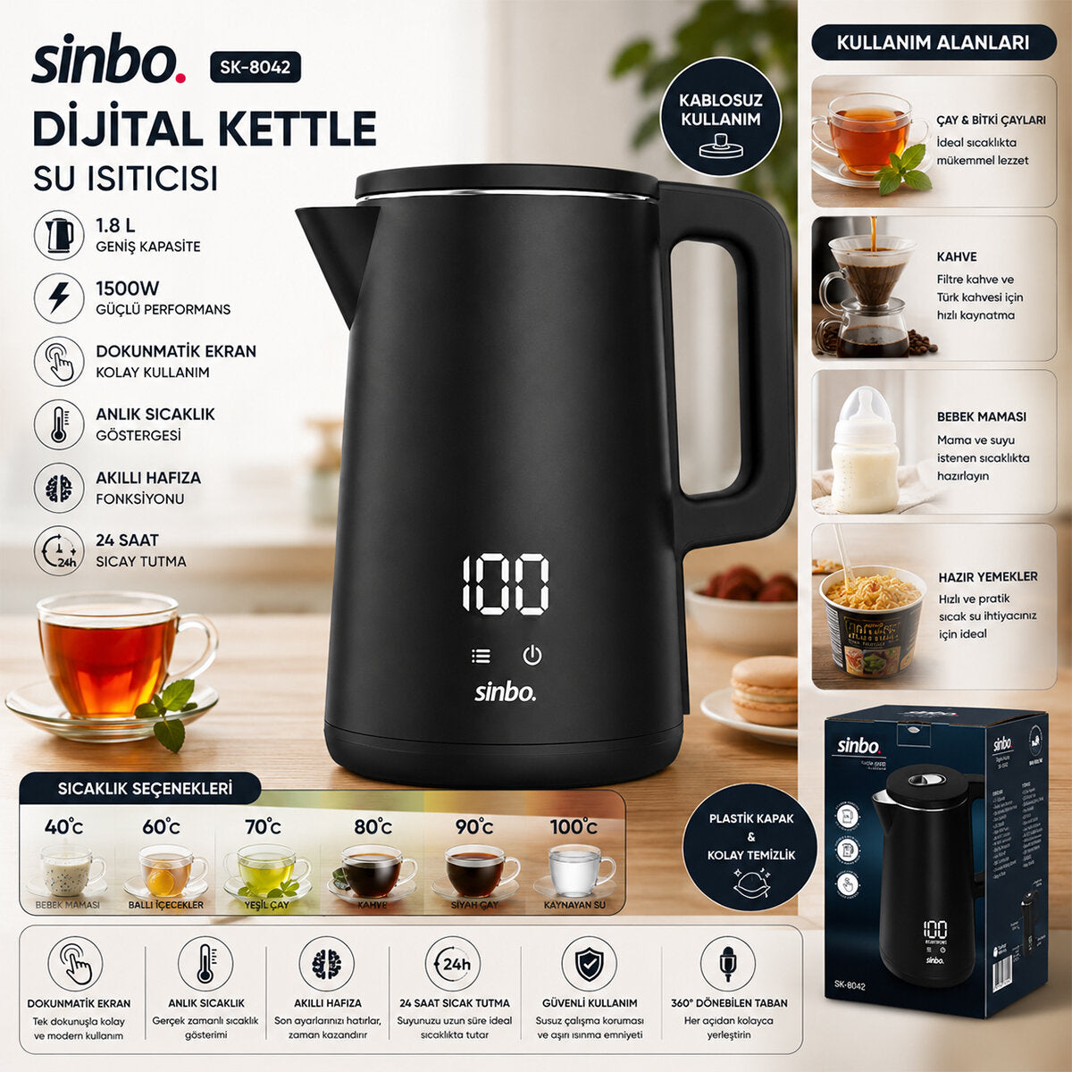 1.8L 1500W PLASTİK KAPAK - DOKUNMATİK EKRAN DİJİTAL KETTLE SU ISITICISI KABLOSUZ KULLANIM SK-8042 (4887)