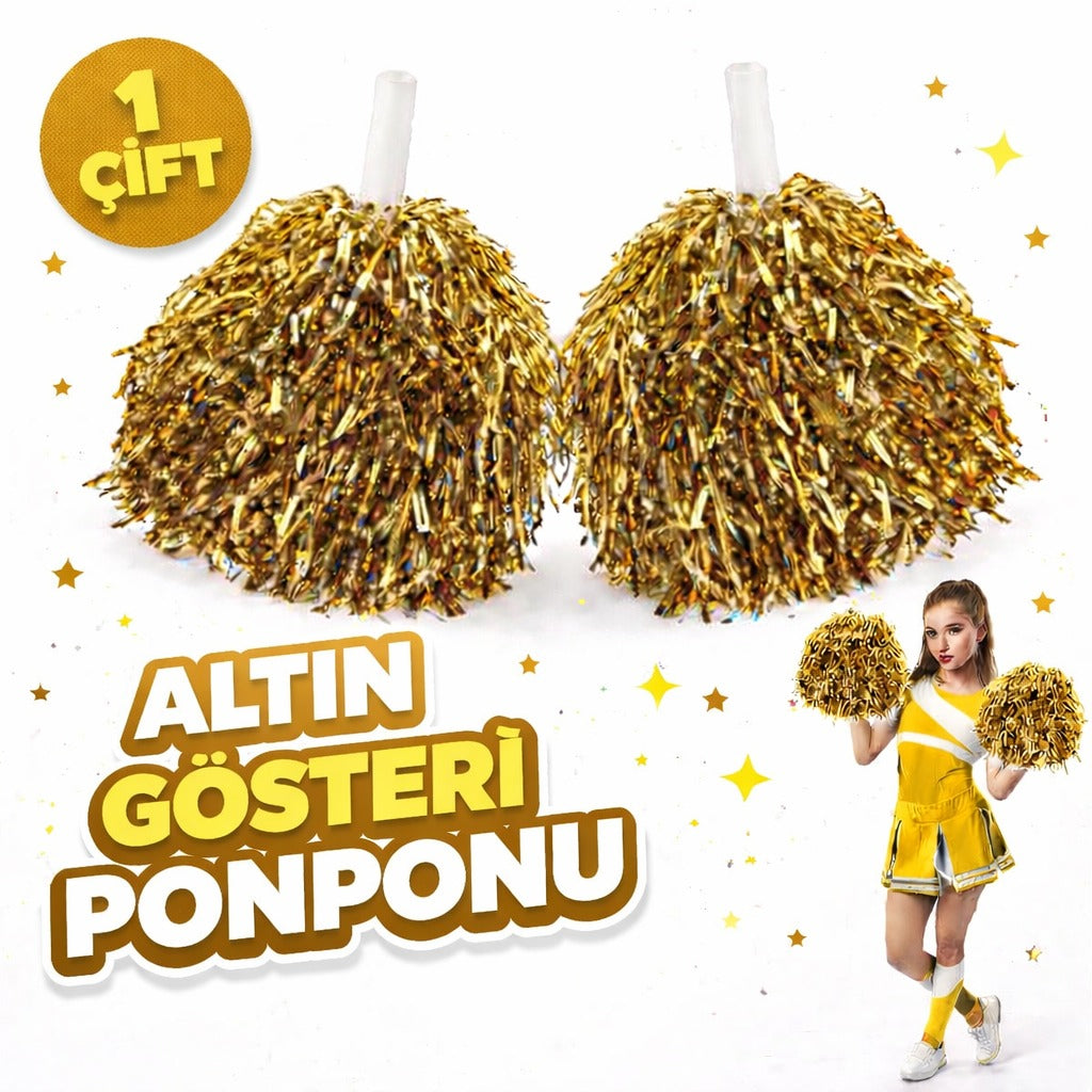 1 Çift ( 2 Adet ) Altın Renk 23 Nisan 19 Mayıs 29 Ekim Okul Gösteri Ponponları Ekstra Dolgun (4887)