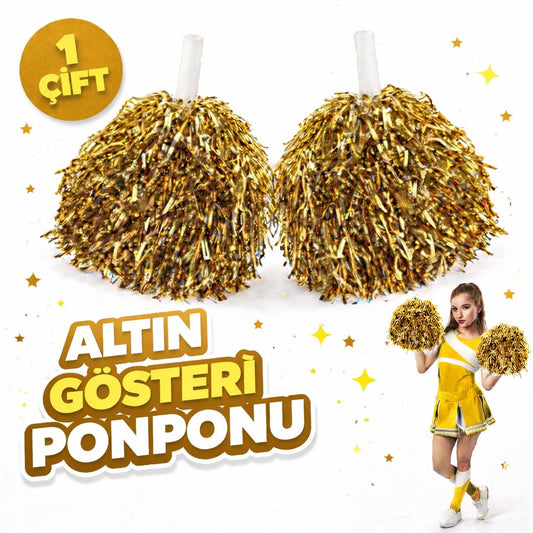 1 Çift ( 2 Adet ) Altın Renk 23 Nisan 19 Mayıs 29 Ekim Okul Gösteri Ponponları Ekstra Dolgun (4887)
