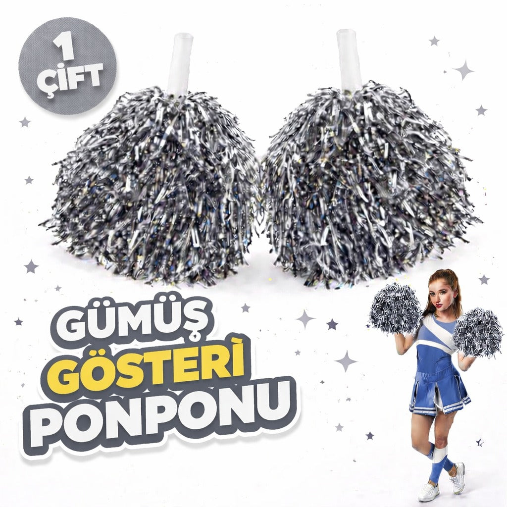 1 Çift ( 2 Adet ) Gümüş Renk 23 Nisan 19 Mayıs 29 Ekim Okul Gösteri Ponponları Ekstra Dolgun (4887)