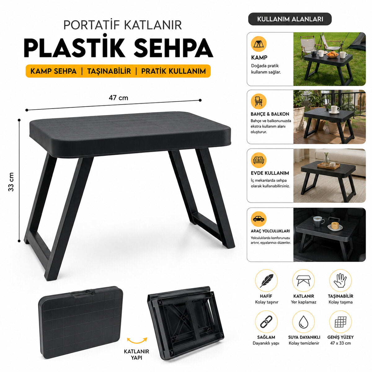 10 ADET KÜÇÜK= 47X33CM KAMP - PİKNİK MASASI SİYAH PLASTİK KATLANABİLİR AYAKLI=38CM (4887)