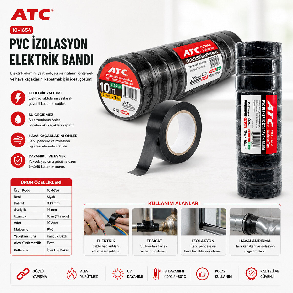 10 ADET LÜX SİYAH PVC İZOLASYON ELEKTRİK BANDI 0.13X19X11YDS 10MM - 1 PAKET GÖNDERİLİR - 1 PAKET İÇİNDE 10 ADET BANT VARDIR (4887)